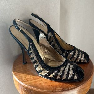 Dolce & Gabbana Black and Gold Sequin Slingback Heels Size 7 1/2